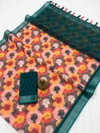MG 501 Silver Jari Border Linen Printed Sarees Wholesale Online